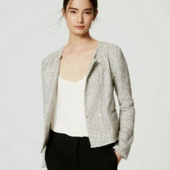 LOFT White Black Marled Boucle Fray Tweed Jacket - Picture 1 of 12